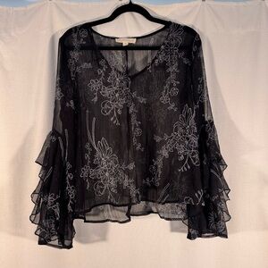 Lovestitch Sheer Black Floral Blouse w/ Ruffle Bell Sleeves